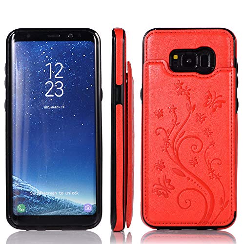 QFUN Back Wallet Case for Samsung Galaxy S8 with Stand, Elegant Embossed Design [Butterfly Flower] Lightweight Slim Fit Leather Phone Case with Card Holder Protective Bumper Flip Cover - Red