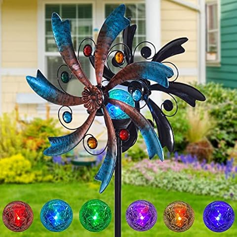 MISUMISO 57 Inch Solar Wind Spinner, Outdoor Metal Stake Yard Spinners, Garden Wind Catcher Wind Mills, Solar Powered RGB Color Changing LED with Glass Ball, Lawn Yard Patio Decoration Cover