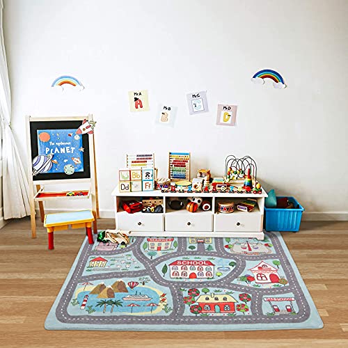 Image of Non-Slip Kids Playmat Rug for Playroom, 3'x 5' Blue Washable Children's Educational Rugs, Learning & Have Fun Safely City Life Road Traffic Play Mat Carpet for Baby Room Bedroom