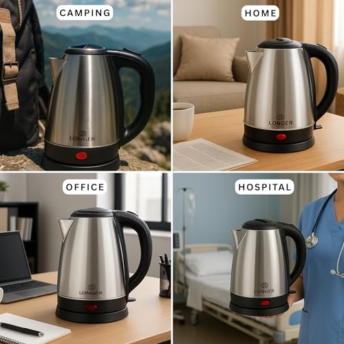 Image of Longer Electric Kettle 1.8L,1500W Fast Boil Stainless Steel with Auto Shut-Off, Dry Boil Protection, Wide Mouth, Cool-Touch Handle & Lid Lock, Hot Water for Tea, Coffee, Noodles - Home & Office