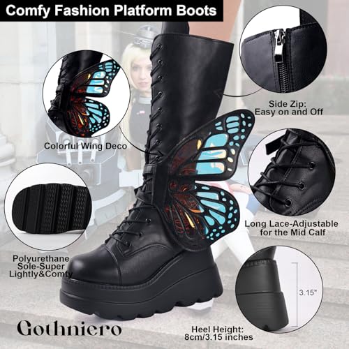 Image of Gothniero High Platform Knee Boots Chunky Heel Wedge Black Boots For Women Combat Goth Punk Motorcycle Booties Zip up With Metal Buckles Size5-11