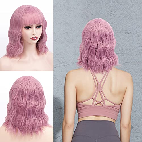 Short Bob Wavy Wig with Bangs Shoulder Length Wavy Wigs Synthetic Curly Bob Wig Purple Pink Wig for Women Natural Looking Heat Resistant Fiber Hair for Party Cosplay 12 Inch, Purple Pink