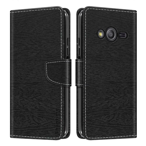 Étui Portefeuille en Cuir PU à Rayures Compatible avec Samsung Galaxy Ace 4, Coque Fine avec Rabat Magnétique, Emplacements Cartes et Support (Noir)