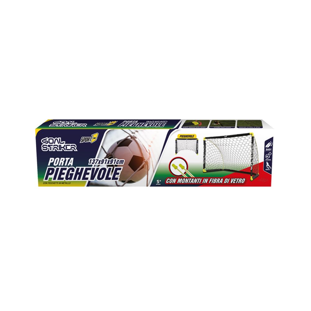 Sport1 porta calcio Goal Striker. Porta calcetto pieghevole in plastica con supporti laterali estraibili salvaspazio. Porta soccer outdoor da 137x91x91cm. Rete impermeabile. Picchetti inclusi. Nera
