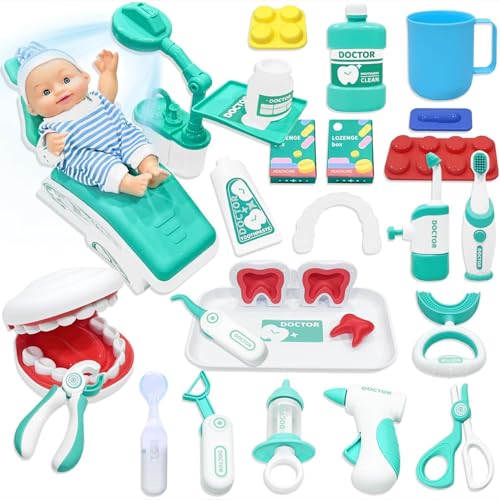 VBACALA 29 Piezas Maletin Medico Juguete, Doctora Juguetes Dentista Juguete para Niños,Juegos de Doctor Juego de rol Niños Juguete Set, Regalos para niños y niñas (Verde)，Más de 3 años