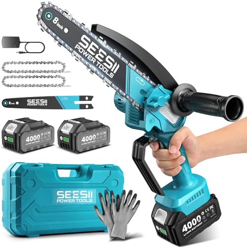 SEESII 8 Inch Mini Cordless Chainsaw with High Capacity 4000mAh x2 Batteries 900W Powerful Electric Chain Saws with Oiler System Handheld Battery Powered Saw for Tree Trimming Pruning