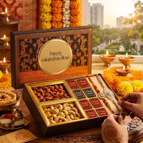Image of Bay Nut Premium Rakhshabandhan /Rakhi Gift Hmaper for brother and sister |Combo Pack Of Almonds,Cashews 150gm, homemade choclates 100gm, 2 rakhi, rolichawal, card Festive Celebration (h-12)