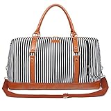 Oflamn Duffle Bag Smooth Nylon Leather Weekender Overnight Travel Carry On Bag (Black White Stripe)