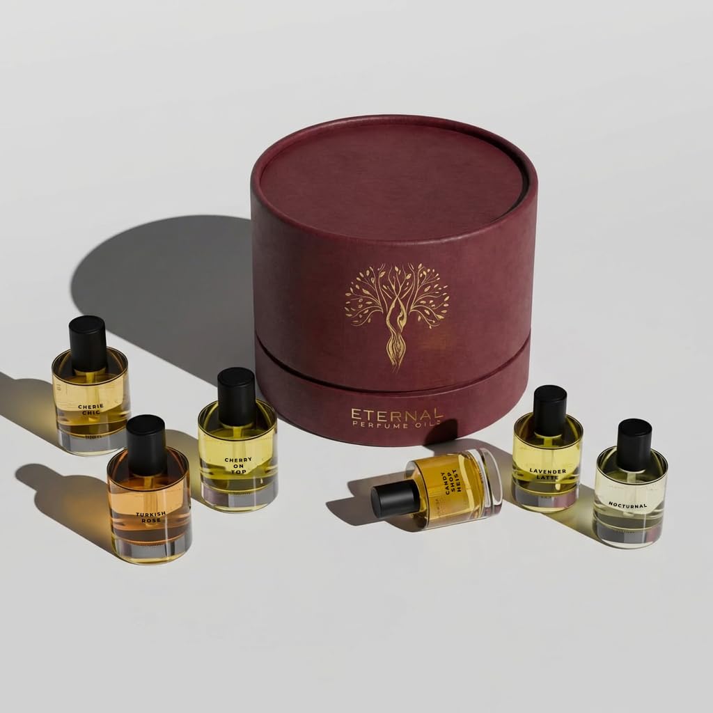 Eternal Perfume Oils Gift Box- Concentrated Perfume Oil Gift Set 6 - Oil-Based Perfume for Women & Men - Eau de Parfum - Cherry On Top, Cherry Chic, Turkish Rose, Lavender latte, Nocturnal, Candy Shop