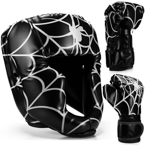 Arrowbash Boxing Headgear and Gloves Set for Kids 6oz White Black Spider Boxing Gloves and Wrestling Headgear Sparring Equipment for Kickboxing Muay Thai BJJ Karate Training
