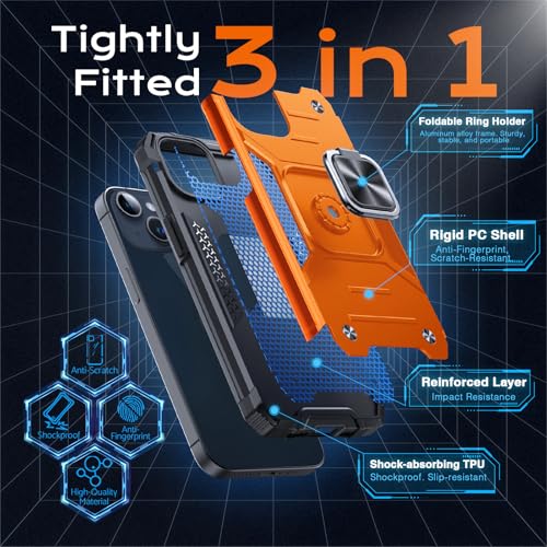 Image of Anqrp Heavy Duty Case for iPhone 13 Mini Case with Enhanced Ring Holder Grip Stand, Military Grade Shockproof Rugged Drop Protective Silicone Hard Slim iPhone 13 Mini Phone Case Cover,Orange