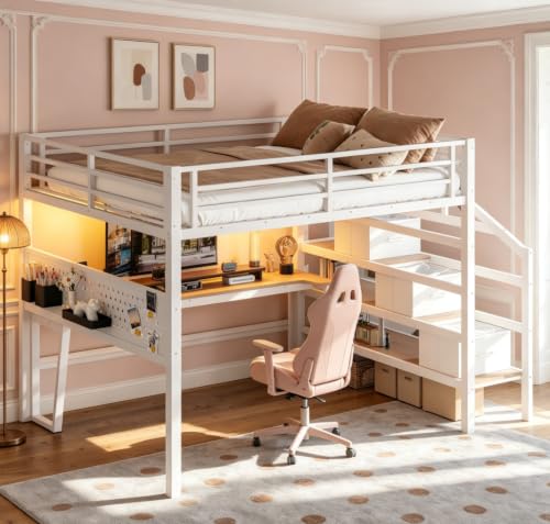 Image of Bellemave Queen loft Bed with Movable Desk and Storage Stairs, Shelves, Metal Loft Beds with LED Lights, USB Ports, Multifunctional Iron Nets for Adults, Kids, Teens, White