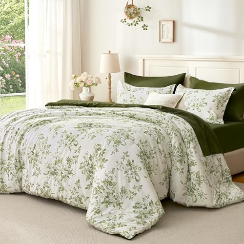 Image of Andency Floral Olive Green Comforter Set Full Size, 7 Pieces Flower Lightweight Bedding Set for All Seasons, Soft Vintage Bed in a Bag with Comforter, Sheets, Pillowcases & Shams