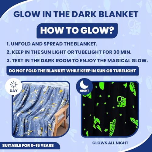 Image of TONY STARK ULTRAAGLOW Glow in The Dark Blanket for Kids (0-15 Years, 200x152 Cm) Soft Flannel Fleece Throw, Cozy & Warm All-Season Radium Blanket for Boys & Girls - (UFO & Astronaut)