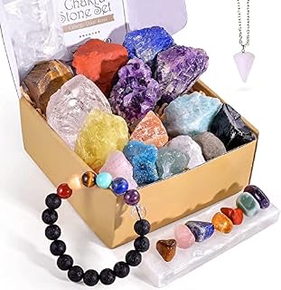 25Pcs Chakra Healing Crystals Set - Natural Energy Crystal Gift Kit: 7 Raw Chakra Stones+7 Tumbled Stones+7 Gemstones+Amethyst Necklace+Lava Bracelet+Selenite Plate for Meditation Yoga Anxiety Relief