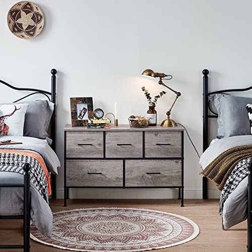 5 Drawer Dresser Long Wide Chest of Drawers Nightstand with Wood Top Rustic Storage Tower Storage Dresser Closet for Living Room, Bedroom, Hallway, Nursery, Kid