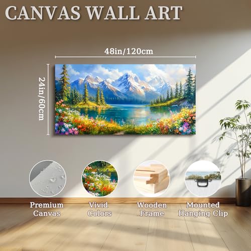 crmotu Spring Landscape Wall Art, Snow Mountain Lake Large Artwork, Colorful Meadow Wildflower Canvas Pictures, Nature Wilderness Paintings Wall Decor Living Room Bedroom Kitchen Farmhouse 24x48 Inch