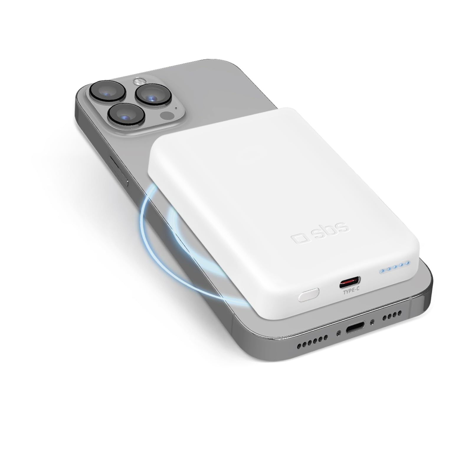 SBS PowerBank 5K MagSafe Wireless, 5.000mAh, Power Bank con Ricarica Rapida, Magnetico, Intelligent Charge (IC), LED di Carica, USB-C, Caricabatterie Portatile da Viaggio, Design Compatto, Bianco