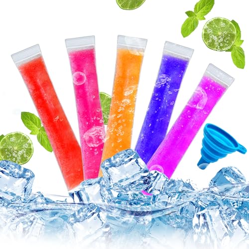 LEIMEND 200 Stück Wassereis Tüten Wiederverwendbar Wassereis Tüten mit Trichter Popsicle Taschen 5.5x28cm Geeignet für Selbstgemachtes Eis Joghurtriegel Fruchtsmoothies und Säfte