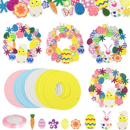 JUNEBRUSHS 16 piezas de manualidades de Pascua, kit de manualidades de corona de Pascua, conejo, huevo, pollito, Pascua, manualidades para niños y niñas, corona de puerta de Pascua, decoración de