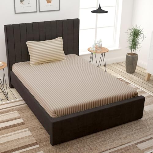 Image of evan Cotton Plain Stripe Single Bedsheet with One Pillow Cover (60 * 90 Inches) (Pack of 1) (Cream)