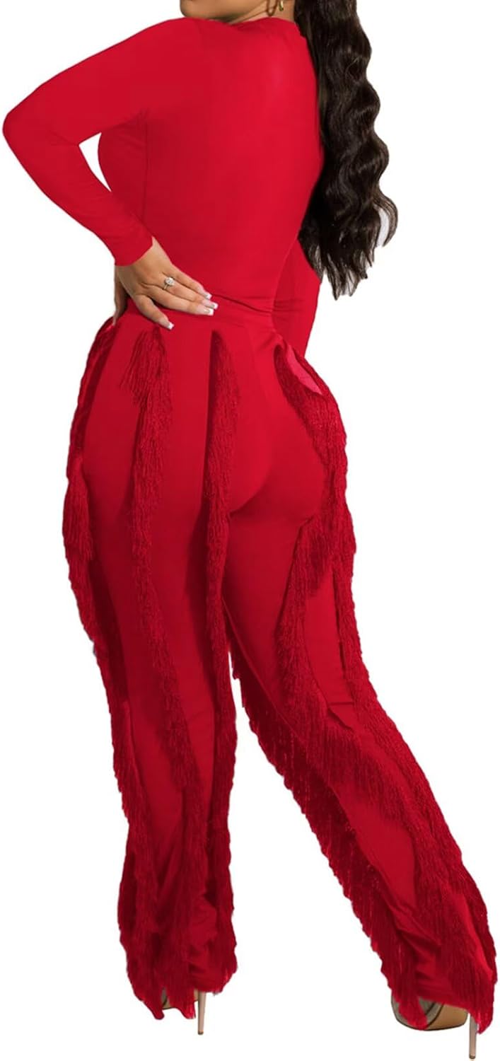 EDITCOZY Women Sexy Two Piece Outfits Fringe Pants Set Long Sleeve Club 2 Piece Going Out Birthday Party Night - Image 3