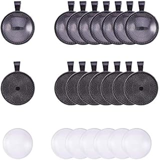 PandaHall Elite 30 Sets Round Alloy Blank Bezel Pendant Trays with Transparent Glass Cabochon Settings for Cameo Photo Necklace Jewellery Making, 25mm Diameter (Black)