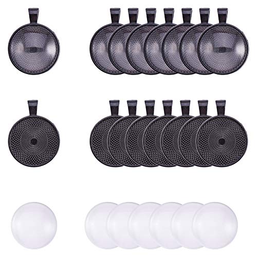 PH PandaHall 30pcs 25mm Round Black Blank Bezel Pendant Trays, 30pcs Transparent Glass Cabochon Settings for Cameo Photo Necklace Jewelry Making