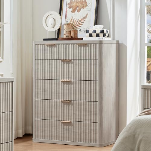 Image of LEYAOYAO Fluted 6 Drawers Dresser for Bedroom Set of 2, 42 inch Tall Modern Chest of Drawers with Metal Handle, Curved Profile Design,Wood Drawer Organizer for Bedroom, Living Room, Hallway,Lightgrey