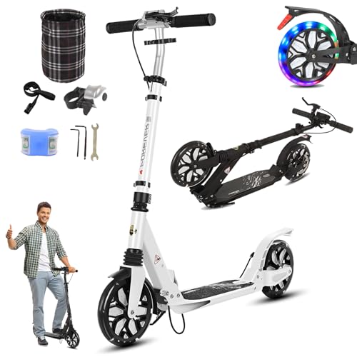 CXYTX Kick Scooter with LED Wheels, Aluminum Alloy Lightweight Scooter for Teens & Adults with Foot Support Frame, Shock AbsorptionDesign, Big Wheels Foldable Scooter for Indoor & Outdoor,White