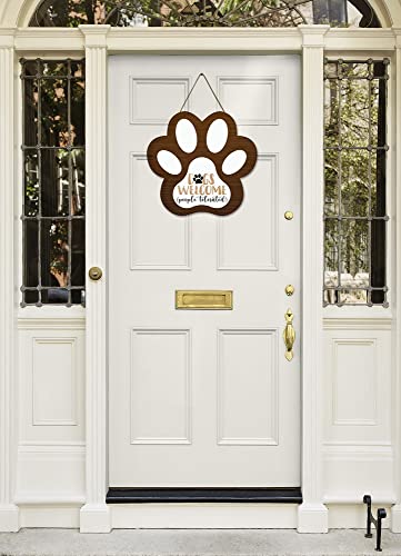 Eveokoki Dogs Welcome People Tolerated Footprint Wooden Plaque 10 X 9.5 Inches Funny Wood Signs Paw Shape Dog Rules Decorative Plaque With Hanging Rope For Wall, Front Door Decor #TOP2
