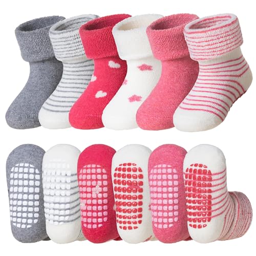 DoSmart Baby Toddler Non Slip Socks Infant Boys Girls Warm Thick Wool Ankle Crew Winter Socks with Grippers 6 Pairs(Pink Heart 1-3T)