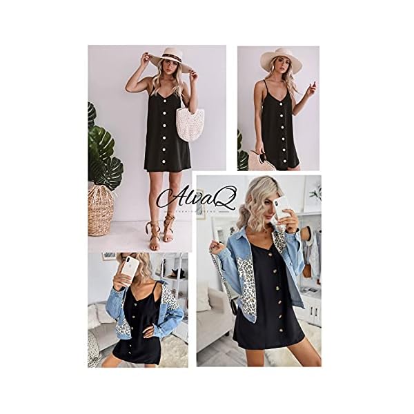 AlvaQ-Women-Summer-Spaghetti-Strap-Button-Down-V-Neck-Sleeveless-Casual-Mini-Dress AlvaQ Women V Neck Spaghetti Strap Tunic Short Dress Loose Button Down A Line Swing Mini Dresses Black Large