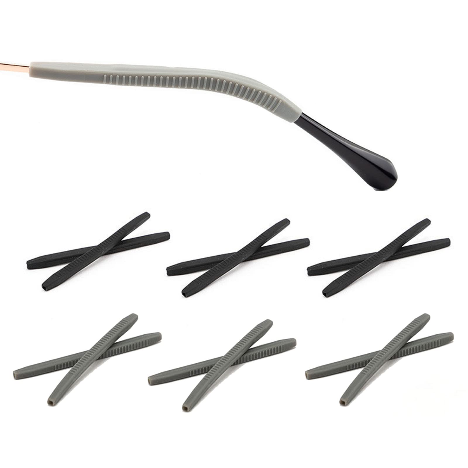 UPIONICSilicone Glasses End Tip Grips, Anti-Slip Eyeglass Ear Sock Pieces Tube Sleeve, Silicone Elastic Comfort Eyeglasses Retainer for Thin Temples(6 Pairs,Black&Grey)