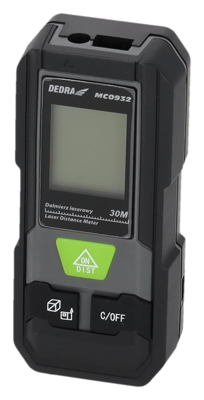 Front view of DEDRA MC0932 Mini Laser Distance Meter with display and buttons