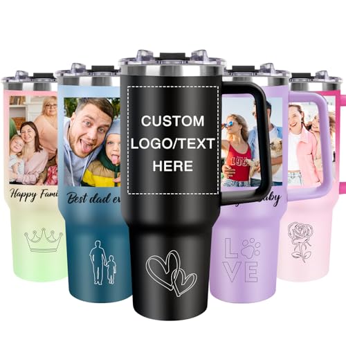 Image of Personalized 40oz Tumbler with Handle, Custom Insulated Tumblers with Pictures Logo, Stainless Steel Travel Coffee Mug, Personalized Gifts for Women Men Birthday Fathers Day Mothers Day