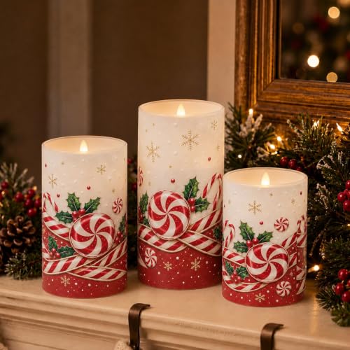 Image of Tujoe 3 Pcs Christmas Candy Cane Flameless Candle LED Battery Pillar Candle