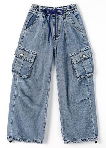 KIDSCOOL SPACE 6-Pocket Girls Wide-Leg Denim Pants, 5-14T Ribbed Waist with D-Ring Loops & String Cargo Jeans