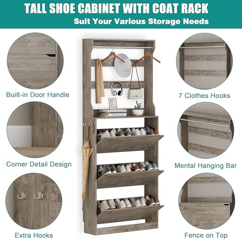 Image of Shoe Cabinet for Entryway with 3 Flip Drawers, Grey Tall Wood Shoe Storage Cabinet with Coat Rack, Narrow Hidden Slim Freestanding Shoe Rack Organizer, 2 in 1 Hall Tree for Living Room, Hallway