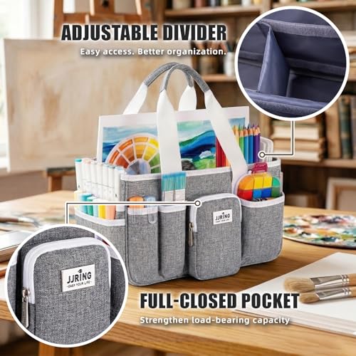 Image of JJRING Craft Organizer Tote Bag, Portable Art Caddy With Adjustable Divider&Secure Zipper Pocket, Large Foldable Storage Tote For Scrapbooking, Sewing, Artist And Home(Grey)