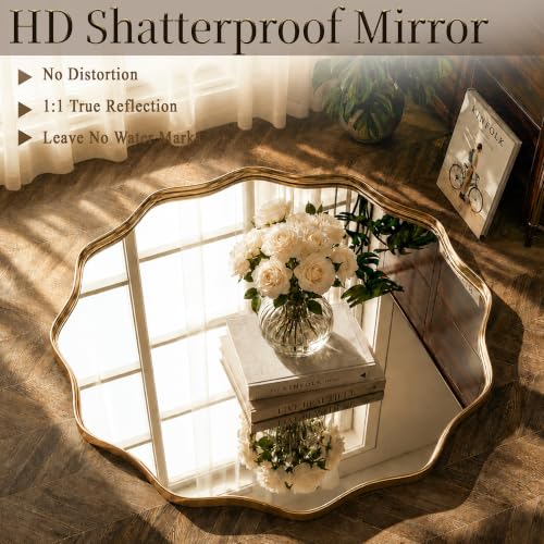 Image of VooBang Gold Scalloped Circle Mirror, 36 inch Wavy Edge Round Wall Mirror