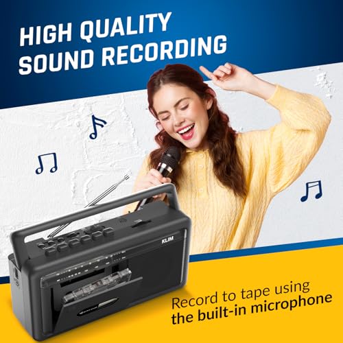 KLIM Portable Cassette Player & Tape Recorder – Boombox with AM/FM Radio, USB, Bluetooth, Speaker, and Earphone Jack – Battery and AC Operated - Black - Image 7