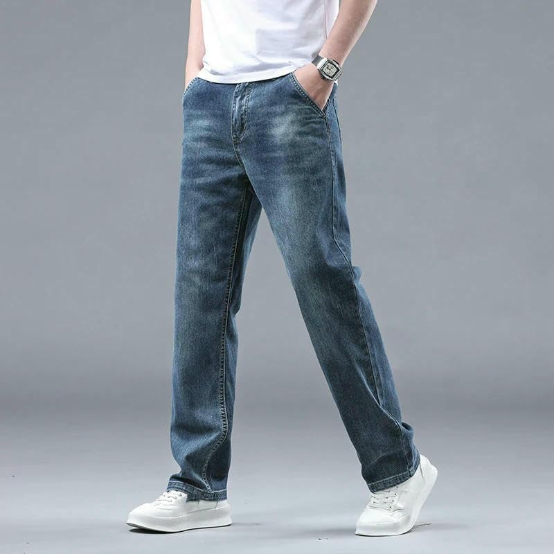 Summer Cotton Straight Jeans Mens Business Casual Stretch Denim Pants Male Trousers3