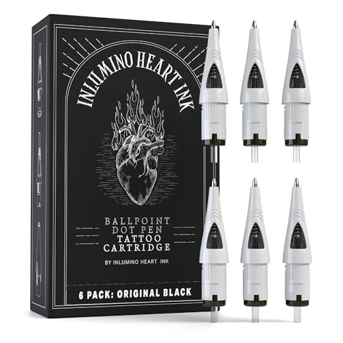 Inlumino Heart Ink Cartuchos de tinta negra originales de 0,5 mm para principiantes para aprender a tatuar, 6 cartuchos de tinta negra originales de 0,5 mm para principiantes para aprender a tatuar