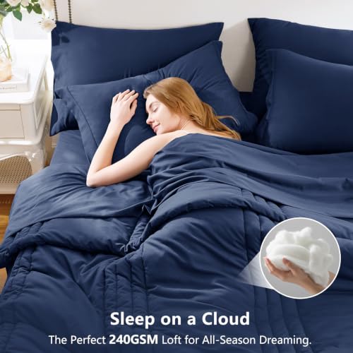 Image of CozyLux Queen Comforter Set Navy Blue - 7 Pieces Bed in a Bag, Modern Vertical Quilted Room Decor, Soft All-Season Bedding Gift with Comforter, Sheets, Pillowcases & Shams