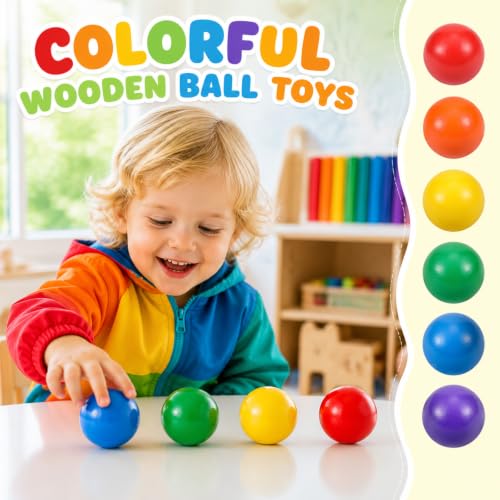 Image of Bucherry 6 Pcs Montessori Wooden Balls 1.8 Inch Wooden Replacement Ball Educational Counting Toys Preschool Learning Material and Stacker Matching (Bright Color)