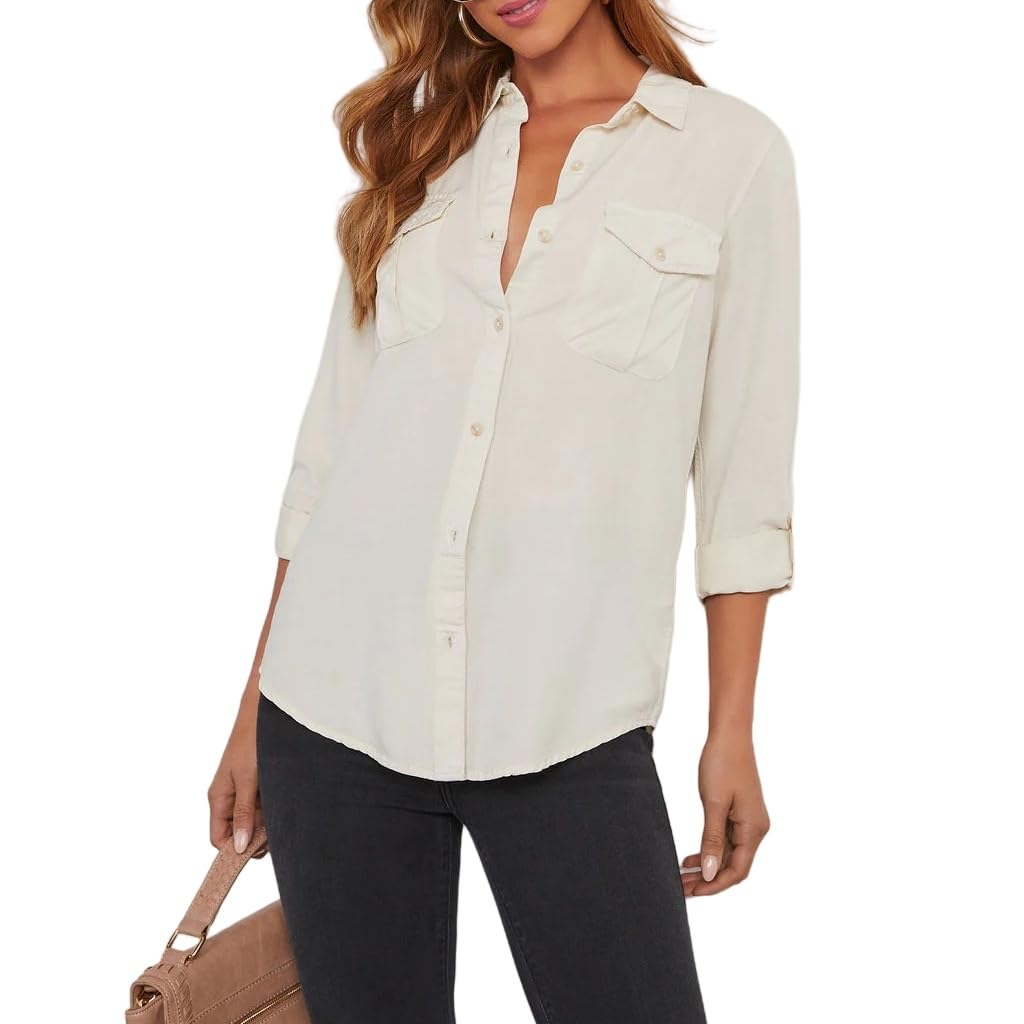 Chemisiers Et Blouses Femme Chemise en Jean pour Femme Décontractée Boutonnée Chemisier De Travail Élégante Retroussée Manches Longues Col en V Tunique en Jean Délavé Chemises D'A