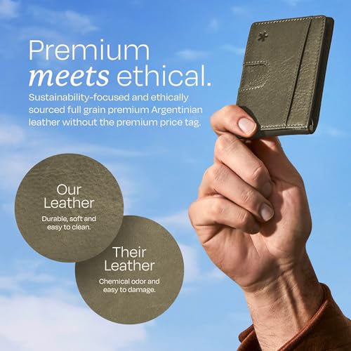 Image of Swear Brands Full Grain Leather Wallet with RFID Blocking & Money Clip - Minimalist Bifold Wallet Holds 12 Cards - Easy Access Pull Tab - Ethically Sourced (Green)