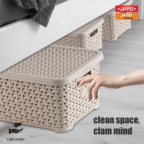 Image of Jaypee Plus Keep all 3 Plastic Storage Basket Organizers With Lid For Kitchen,Fridge, Office Wardrobe, Stationery, Household, Toys & Multipurpose use Pack of 3 Durable Box, Beige