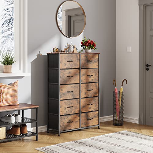 Wlive Tall Dresser For Bedroom With 10 Drawers, Chest Of Drawers, Fabric Dresser For Nursery, Closets, Storage Organizer Unit With Fabric Bins, Steel Frame, Wood Top, Rustic Brown Wood Grain Print #TOP1